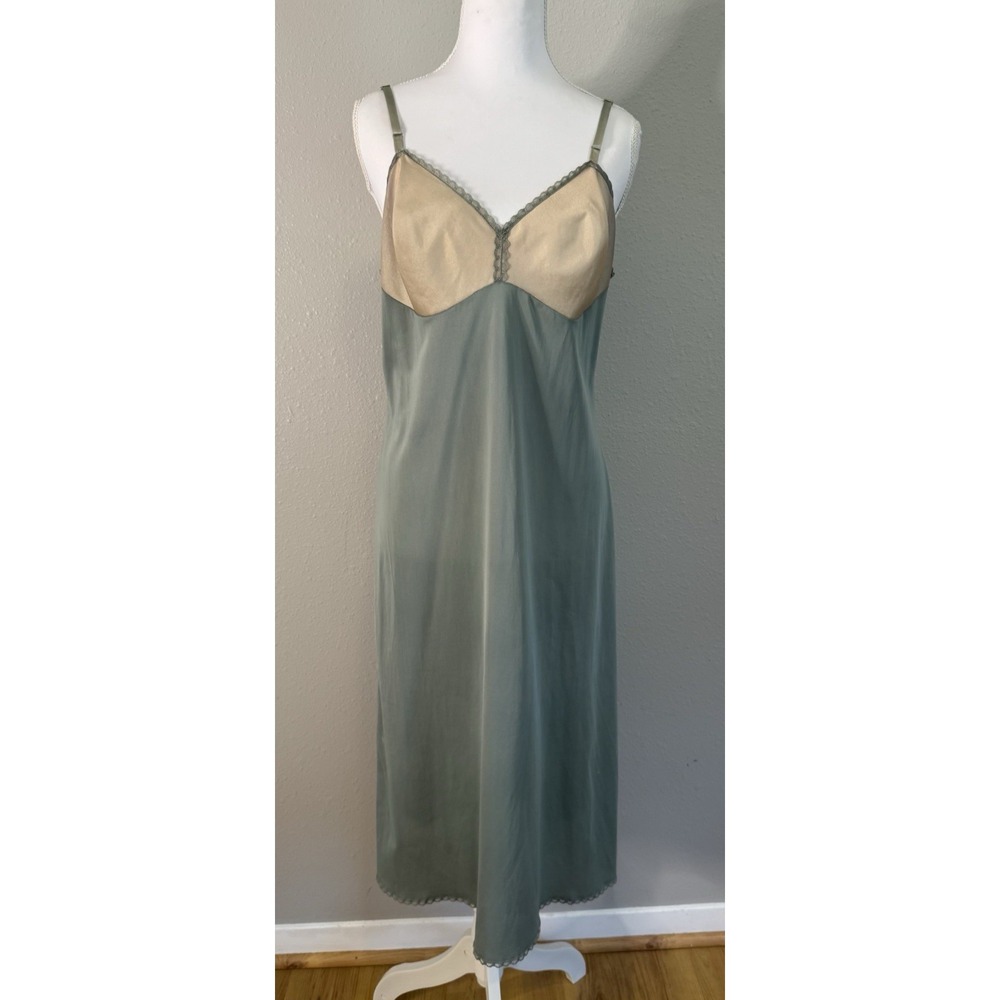 Vintage Vanity Fair Hand Dyed Sage Nylon Slip Dress OOAK Cottagecore Midi 36